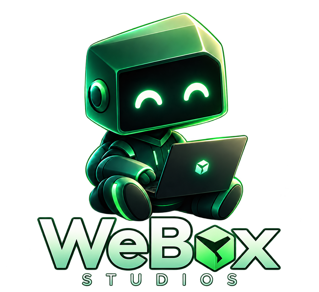 Mascote robô da WeBoxStudios com portátil